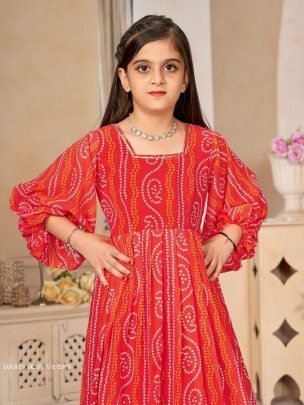 Lucaya Jenny V 2 Red Kids Girls Printed Anarkali Western Gown