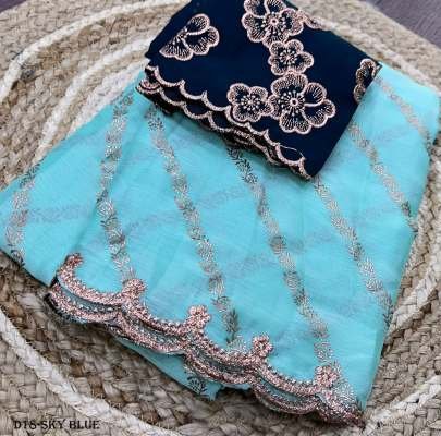 Luxurious Satin Leheriya Foil Print Sky Blue Saree with Arka Embroidery