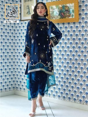 Luxury Pakistani Blue Velvet Handwork Suit With Bottom & Dupatta              