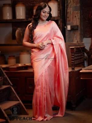 Luxury Peach Banarasi Soft Silk Saree With Copper Zari Weaving