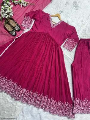 Magenta Embroidery Work  Readymade Gown Palazzo With Dupatta