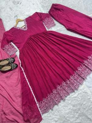 Magenta Embroidery Work  Readymade Gown Palazzo With Dupatta