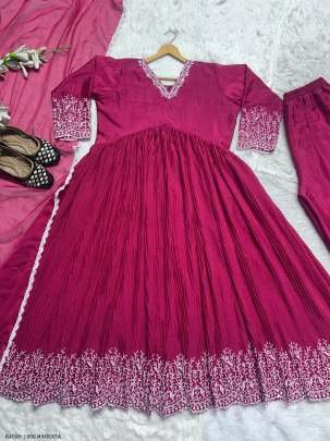 Magenta Embroidery Work  Readymade Gown Palazzo With Dupatta