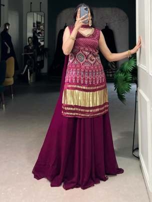 Majestic Maroon Printed Handwork Peplum Plazzo Set with Golden Accent