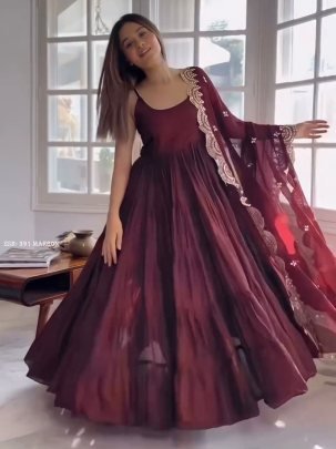 Maroon Anarkali Faux Georgette Fully Ruffle Flair Gown 