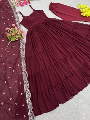 Maroon Anarkali Faux Georgette Fully Ruffle Flair Gown