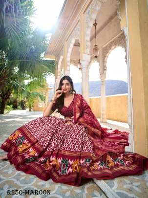 Maroon Beautiful Ikkat Printed Tussar Silk Lehenga Choli With Foil Work