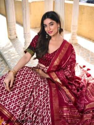 Maroon Beautiful Ikkat Printed Tussar Silk Lehenga Choli With Foil Work