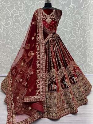 Maroon Bollywood Bridal Velvet Lehenga Choli With Beautiful Neck Work