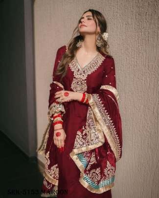 Maroon Color Designer Chinon Silk Embroidery Top Bottom Dupatta Outfit