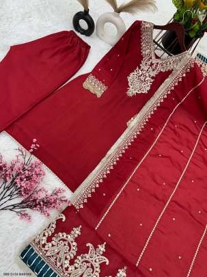 Maroon Color Designer Chinon Silk Embroidery Top Bottom Dupatta Outfit