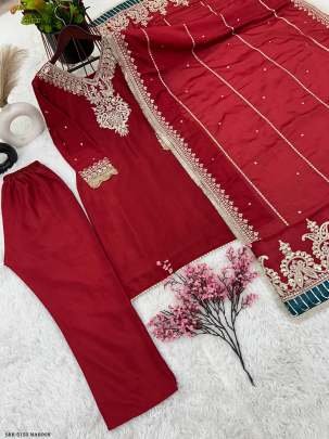 Maroon Color Designer Chinon Silk Embroidery Top Bottom Dupatta Outfit