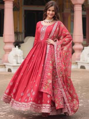 Maroon Colour Chinnon Fabric Gown With Dupatta