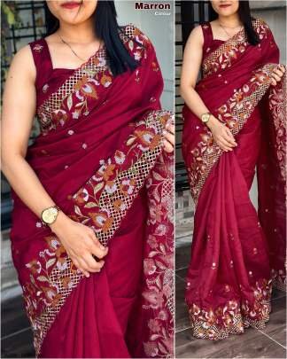 Maroon Cut Work Visca Slub Silk Saree