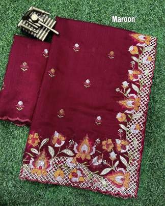 Maroon Cut Work Visca Slub Silk Saree