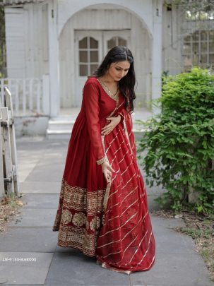 Maroon Embroidered Sequins Work Gown With Dupatta