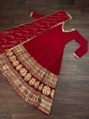 Maroon Embroidered Sequins Work Gown With Dupatta