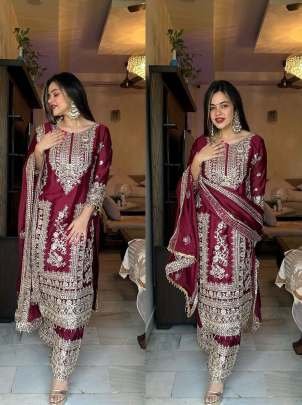 Maroon Exclusive Heavy Embroidery Work Pure Chinon Silk Palazo Suits