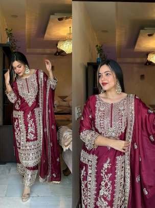 Maroon Exclusive Heavy Embroidery Work Pure Chinon Silk Palazo Suits