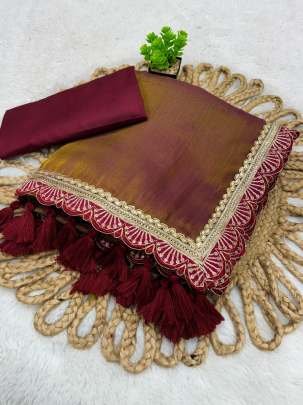 Maroon Golden Soft With Embroidery Lace Tissue Saree