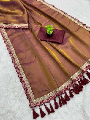 Maroon Golden Soft With Embroidery Lace Tissue Saree