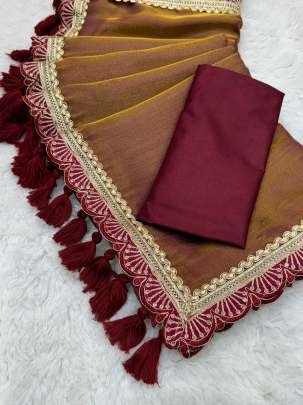 Maroon Golden Soft With Embroidery Lace Tissue Saree