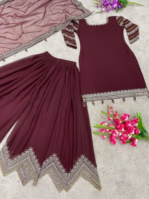 Maroon Party Wear Look Sharara Palazzo Suit With Heavy Embroidery