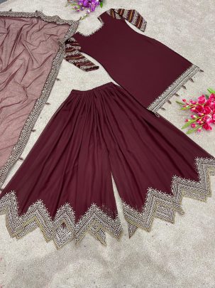 Maroon Party Wear Look Sharara Palazzo Suit With Heavy Embroidery
