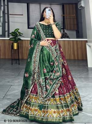 Maroon Patola And Bandhani Print Tussar Silk Lehenga Choli With Green Blouse