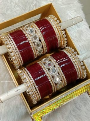 Maroon Plain and Golden Stone Bangles Bridal Chuda