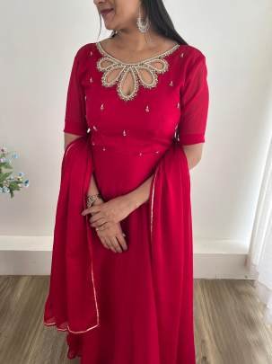 Red Rangoli Georgette Gown With Beautiful Neck Work