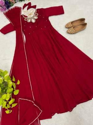 Red Rangoli Georgette Gown With Beautiful Neck Work