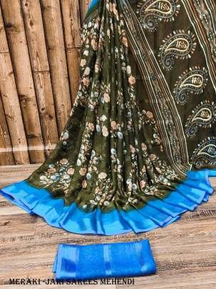 Mehendi Color Beautiful Chiffon Jari Sarees with Flower Print