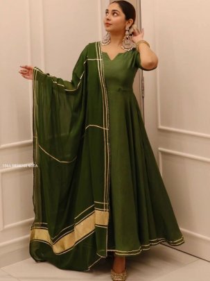 Mehendi Gota Chinnon Silk Plain Gown with Dupatta 