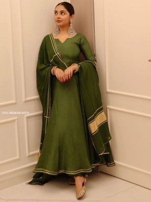 Mehendi Gota Chinnon Silk Plain Gown with Dupatta