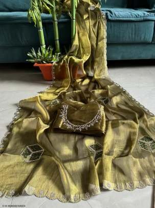 Mehendi Green Burburry Diamond Cut Work Saree