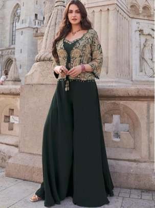 Mehendi Wear Green Indo Western Style Crop Top Palazzo With Jacket