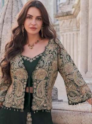 Mehendi Wear Green Indo Western Style Crop Top Palazzo With Jacket