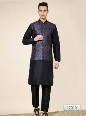 Men Black Party Wear Plain Pure Silk Kurta With Designer Koti