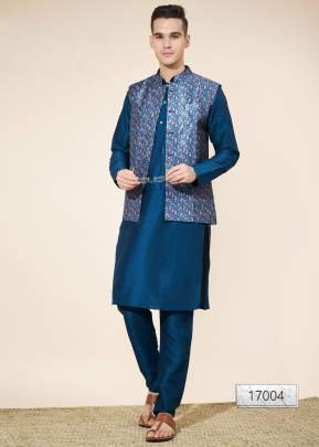 Men Function Wear Rama Plain Pure Silk Kurta With Jacquard Koti Set