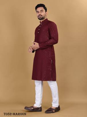 Manyawar Mens Cotton Rayon Maroon Kurta With Pajama Set