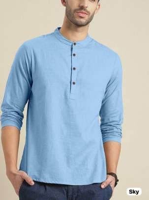 Men Round Neck Sky Khadi Linen Shirts With Full Sleeve