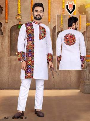 Men s White Colour Navratri Cotton Kurta With Pajama