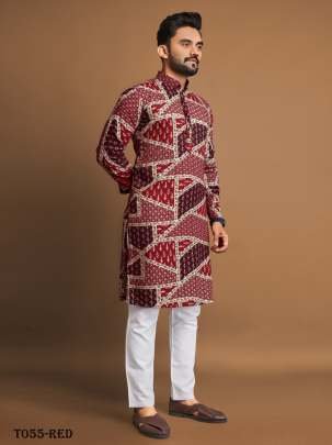 New Arrival Soft Cotton Foil Print Mens Kurta Pajama Set