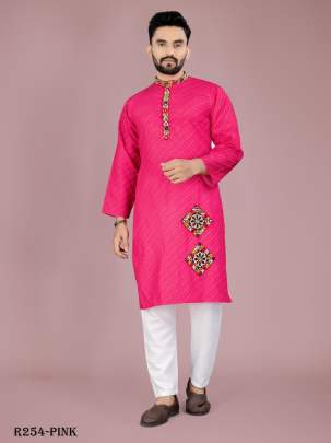 Men Traditional Navratri Pink Cotton Kurta Pajama With Gamthi Work