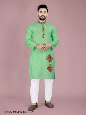 Men Traditional Navratri Pista Green Cotton Kurta Pajama With Gamthi Work