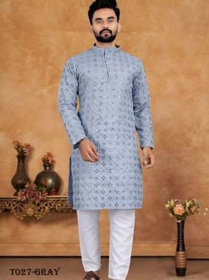 Men Wedding Wear Embroidery Work Gray Kurta With Pajama Set