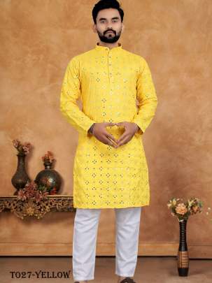 Embroidery Work Yellow Kurta With Pajama Set For Mens