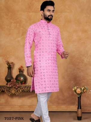 Men Wedding Wear Embroidery Work Pink Kurta with Pajama set