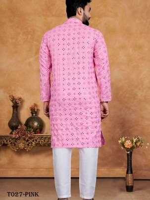 Wedding Wear Mens Embroidery Work Pink Kurta With Pajama Set